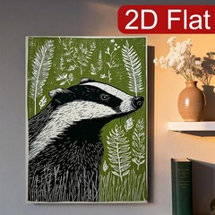 Badger Woodcut Green Canvas Wall Art, Botanical Wildlife Home Decor