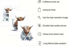 Cute Highland Cow Art Prints, Funny Bathroom Canvas Wall Decor Rustic Farmhouse