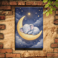 Sleeping baby elephant and moon Canvas Print golden crescent and stars