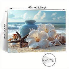 White Hibiscus Starfish Vase Beach Framed Canvas, Soft Light Coastal Tropical