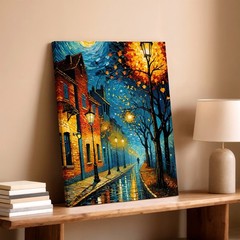 Wall Art Rainy Night Street Cityscape Canvas Print Lamp Post Moonlit Trees Home