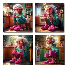 4pcs Whimsical Crazy Old Lady GH Wall Art Canvas Unframed/Framed