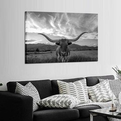 Black and White Texas Animal Canvas Wall Art Highland Cattle with Long Horns …