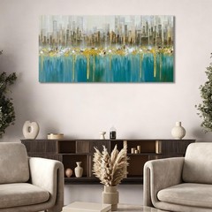 Teal Abstract Cityscape Canvas Art – 48″x24″ Modern Skyline Wall Decor