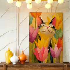 Wall Art Smiling Cat Among Tulips Canvas Print Colorful Floral Animal Decor