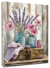 Rustic Pink Wildflower Wall Art for Bathroom Farmhouse Purple Lavender Canvas…