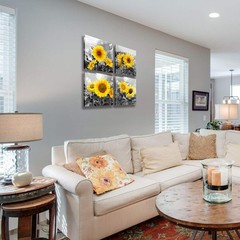 Rustic Floral Wall Art – 4 Panels Sunflower Watercolor Canvas, Waterproof Finish