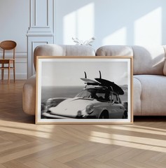 Vintage Surf Car Coastal Drive Black and White Retro Wall Art Print