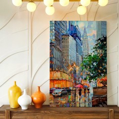 Wall Art City Street Rainy Urban Painting Skyscraper Lights Canvas Print Decor