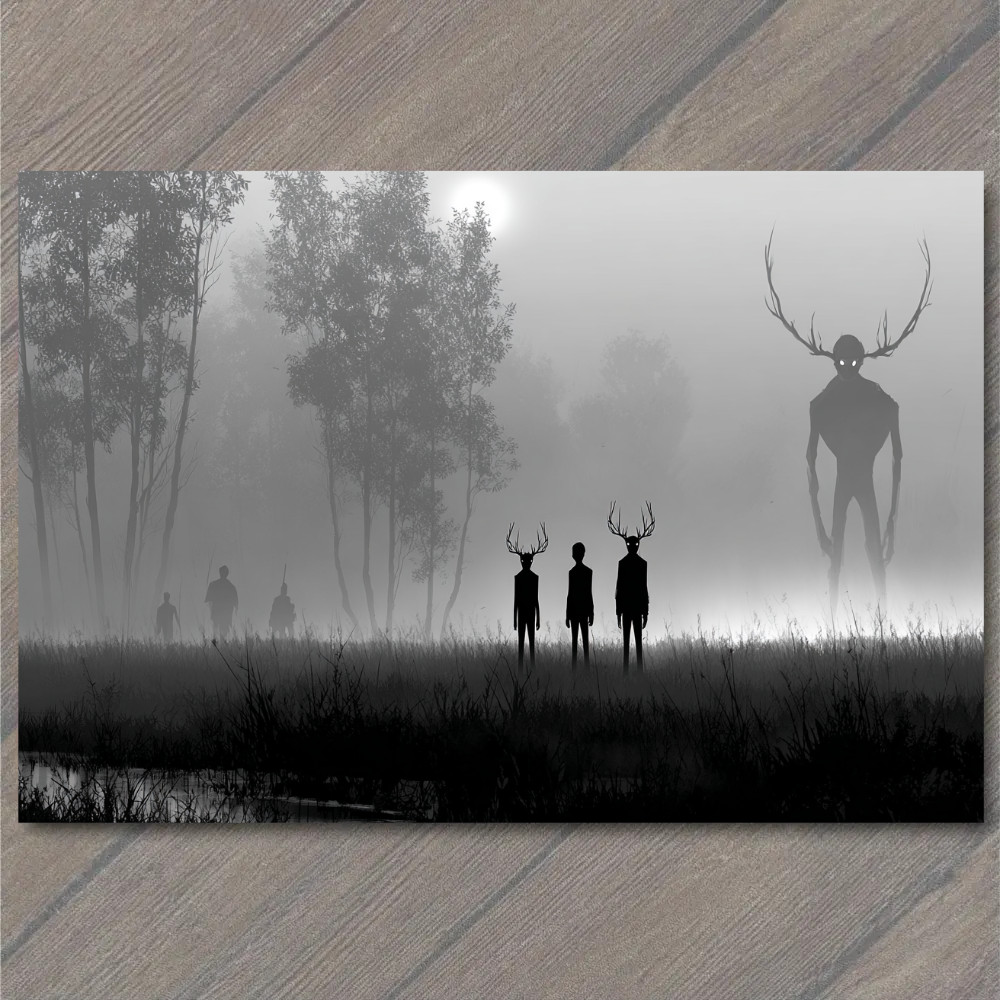 Art Print Forest Shadow Figures Fog Giants Antlers Misty Trees Black White Horro