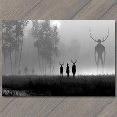 Art Print Forest Shadow Figures Fog Giants Antlers Misty Trees Black White Horro