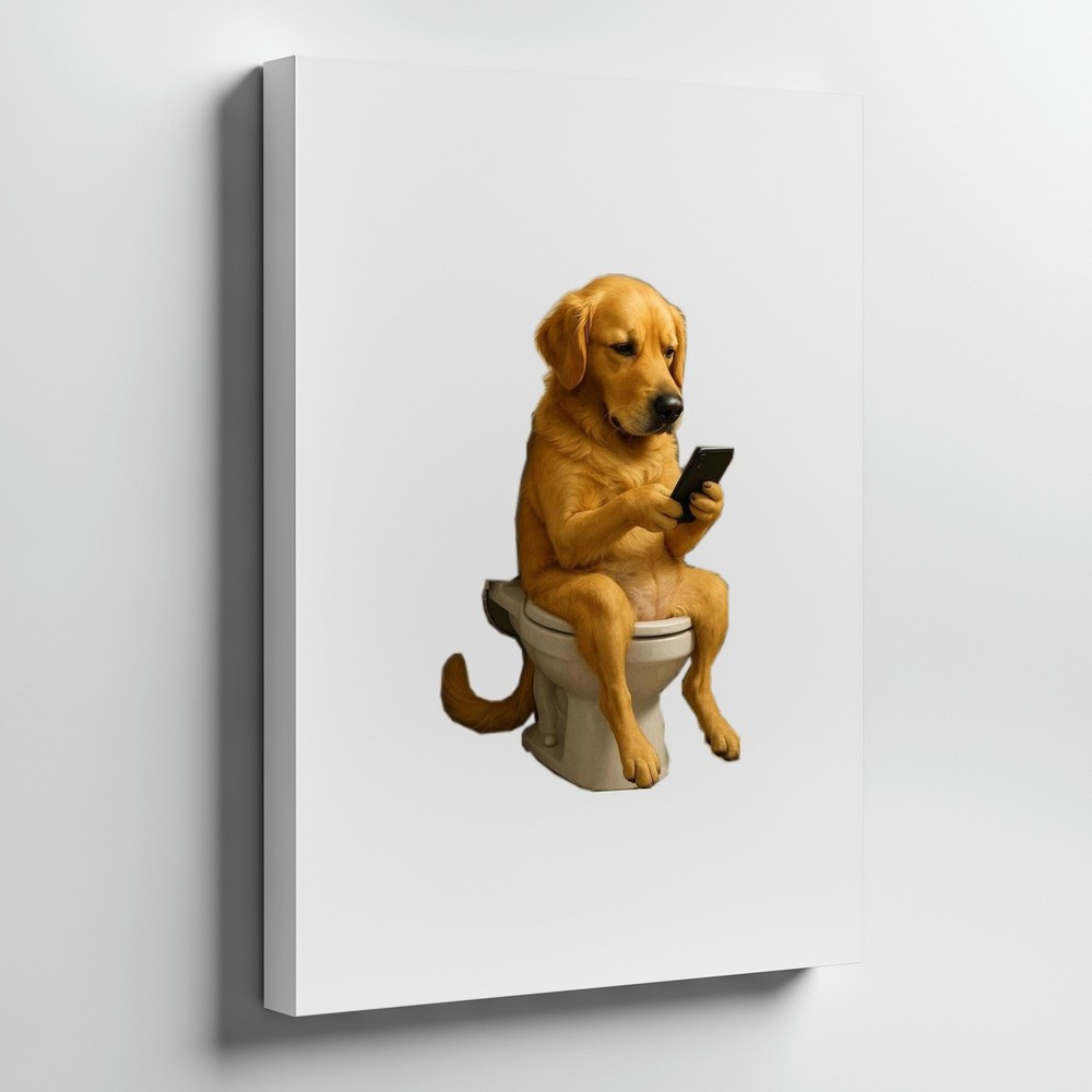 Funny Dog Sitting On Toilet Using Phone Canvas Wall Art Animal Humor Decor Print