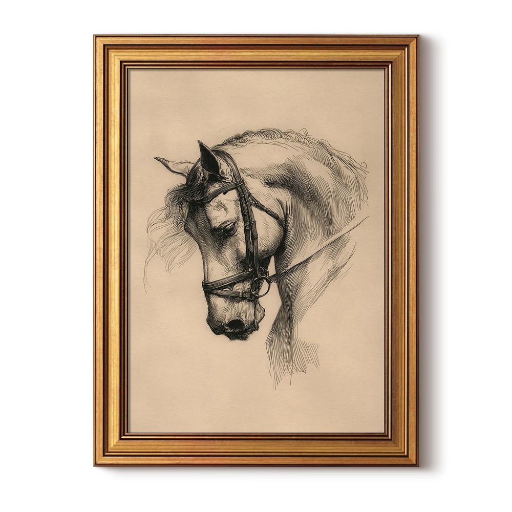 Gold Framed Canvas Prints Wall Art, Vintage Horse Decor, Sketch Animal Painti…