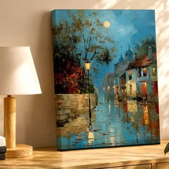 Wall Art Rainy Night Street Scene Village Houses Moonlight Painting Print Decor