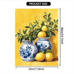 Blue and White Vases with Lemons Canvas Wall Art, Kitchen Home Decor