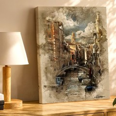 Wall Art Venice Canal Cityscape Watercolor Print Bridge Boats Architecture Decor
