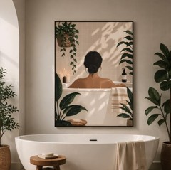 Bathtub Woman Canvas Wall Art – Neutral Boho Bathroom Relaxation Home Decor