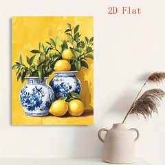Blue and White Vases with Lemons Canvas Wall Art, Kitchen Home Decor