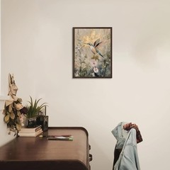 Vintage Floral Framed Wall Art, Hummingbird Gold Foil Style Canvas Prints for…