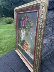 Di Giacomo Signed Gold Gilded Framed Art Print Angle With Flowers 30.5×24.5”