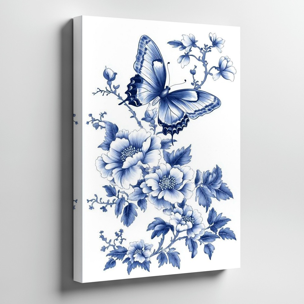 Blue And White Floral Butterfly Canvas Wall Art Elegant Decorative Home Decor