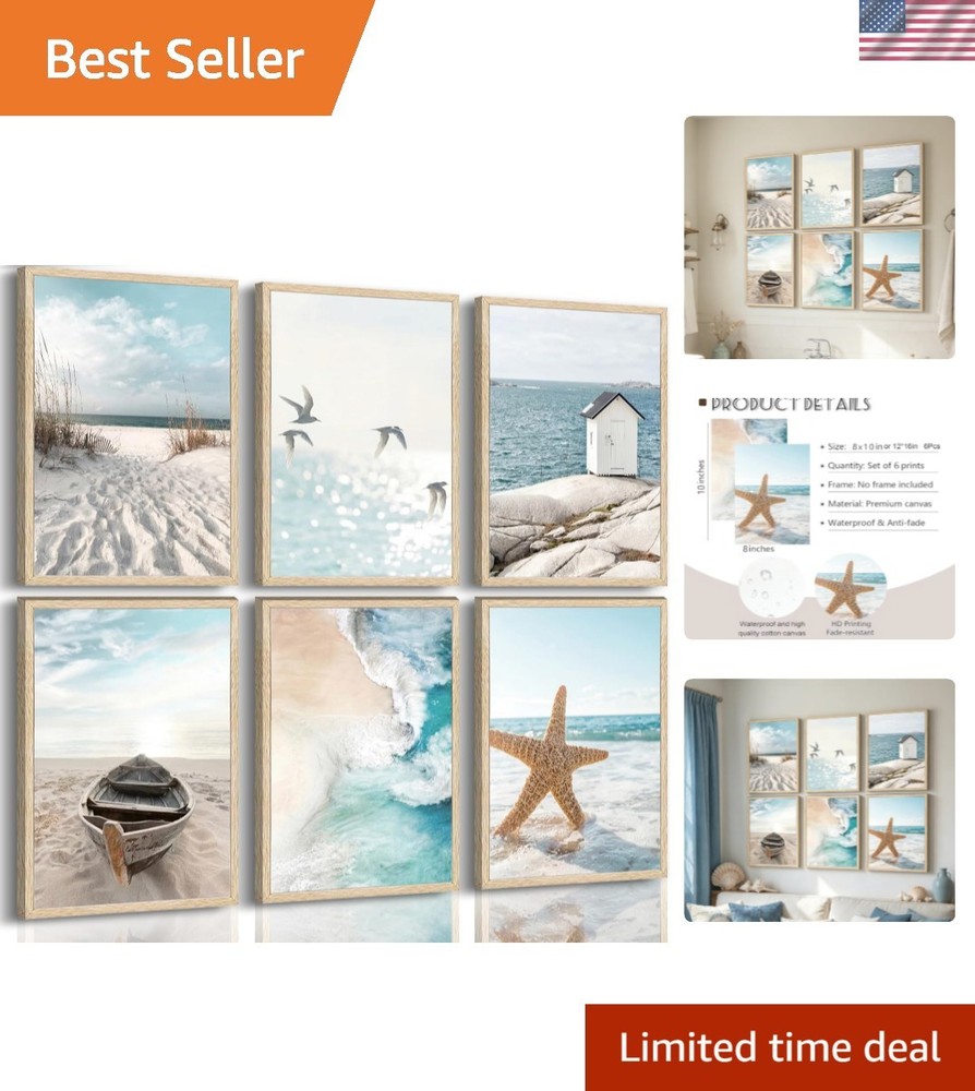 6 Pcs Coastal Poster Wall Art,Seaside Wave Beach Painting Picture Wall Decor,…