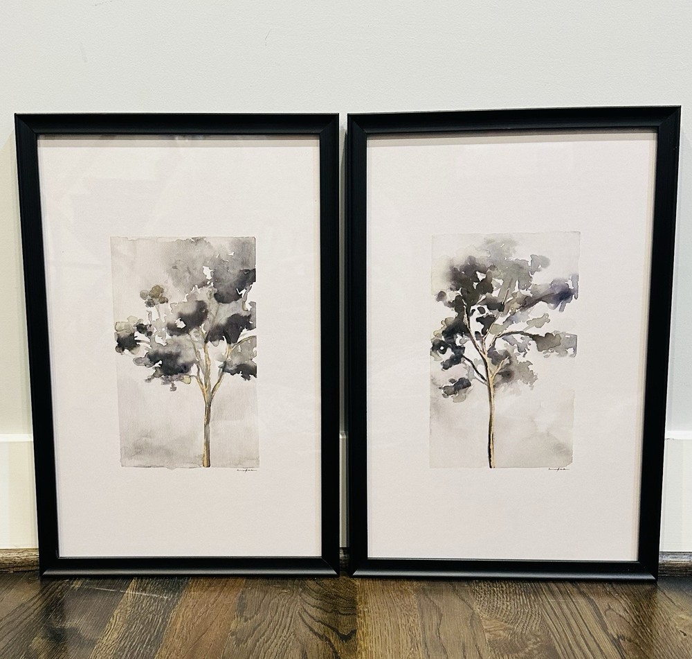 SET OF 2 Hearth Hand VERTICAL WATERCOLOR TREE ART Magnolia 12 x 18″ Frame Target