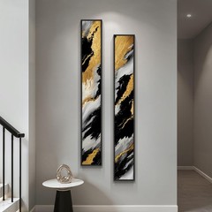 Framed Long Narrow Vertical Abstract Wall Art Set, 2 Piece Black White Gold L…