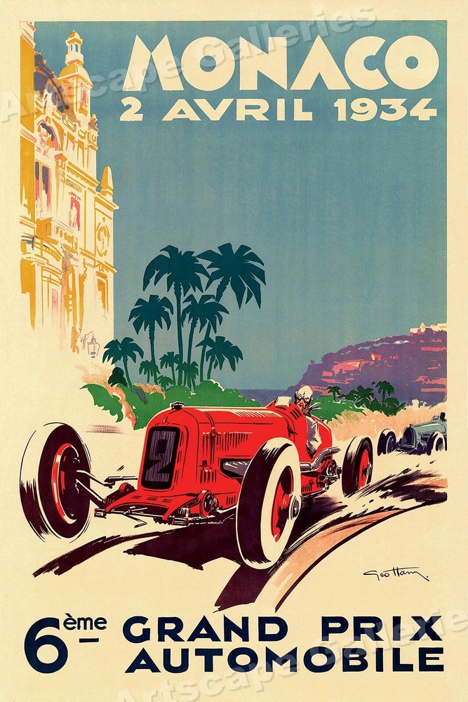 1934 Monaco Grand Prix Vintage Style Red Race Car Poster – 24×36