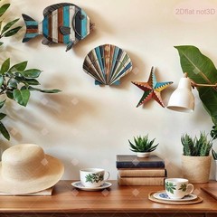 Coastal Style 3PCS Wooden Wall Decor Set Combining Sea Fish Shells and Starfish