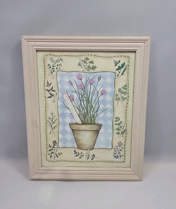 Potted Chives Spices Picture 9.5* x 11.5 Total W/ Frame Herbs Gardening Decor
