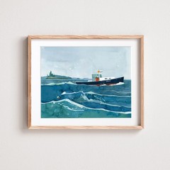 Lobster Boat Watercolor Wall Art, New England Coastal Seascape Print