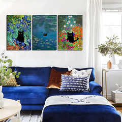 Monet Wall Art Set of 3 – Funny Cat in Water Lilies Canvas Paintings Prints, Gar
