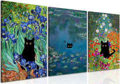 Monet Wall Art Set of 3 – Funny Cat in Water Lilies Canvas Paintings Prints, Gar