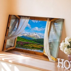 Wall Art Picturesque View From A Large, Open Wooden Window, Framed By Elegant