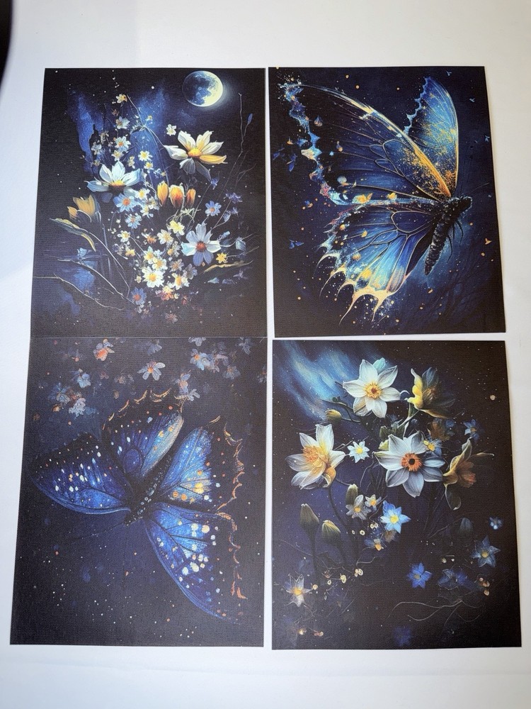 Night Sky Plant Flower Butterfly Painting Wall Art Prints Canvas Poster 8×10 In