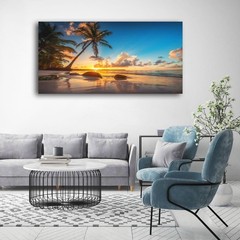 Wall Art Canvas Painting Sunset Beach with Palm Trees Picture,DIY Framed 24″x48″