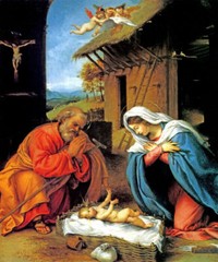 NATIVITY JOSEPH MARY BABY JESUS MANGER ANGELS PAINTING BY LORENZO LOTTO REPRO
