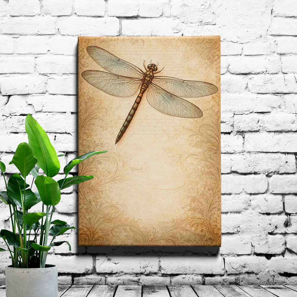 Vintage Dragonfly Art Print Distressed Beige Background With Turquoise Insect