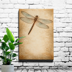 Vintage Dragonfly Art Print Distressed Beige Background With Turquoise Insect
