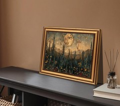 Gold Framed Vintage Forest Full Moon Wall Art, Moonlit Pine Tree Wall Decor P…