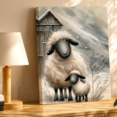 Wall Art Winter Sheep Lamb Canvas Print Rustic Farmhouse Animal Painting Decor