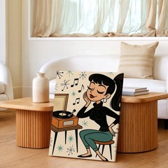 Wall Art Retro Woman Listening to Vinyl Record Player Mid Century Music Print