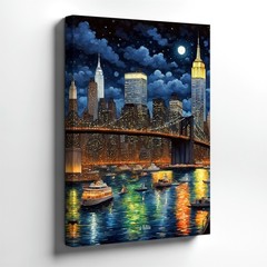 Wall Art New York City Night Skyline Bridge Moonlit River Boats Canvas Print