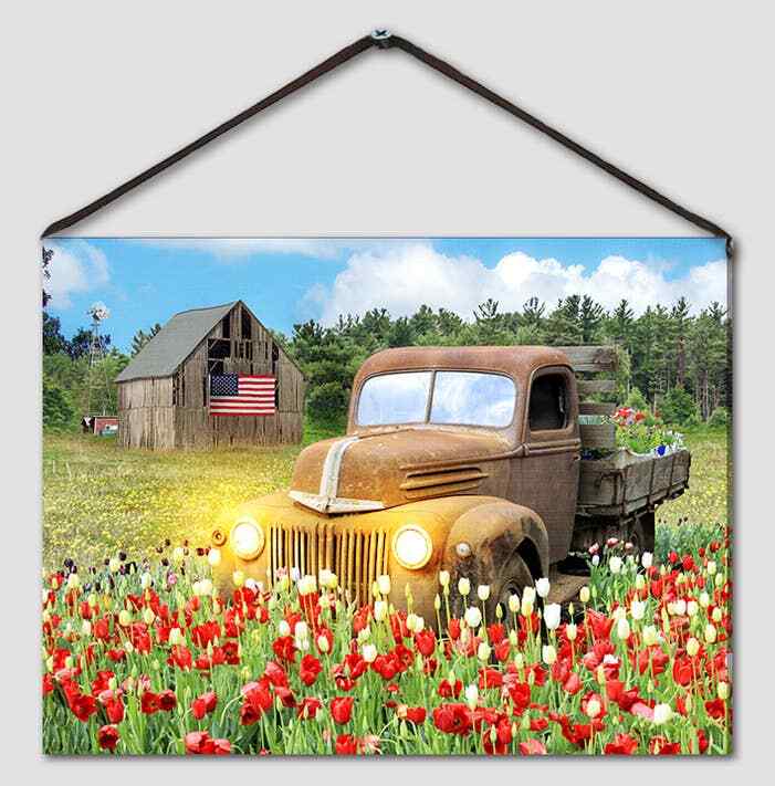 Country Led small Canvas truck hanging print- battery operated