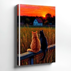 Wall Art Cats on Fence Sunset Country Farmhouse Field Landscape Canvas Print