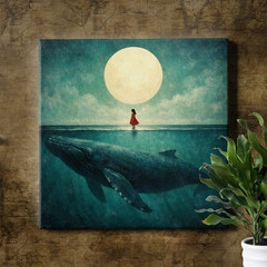 Full Moon Ocean Girl and Whale Surreal Unframed Canvas Art Print Poster