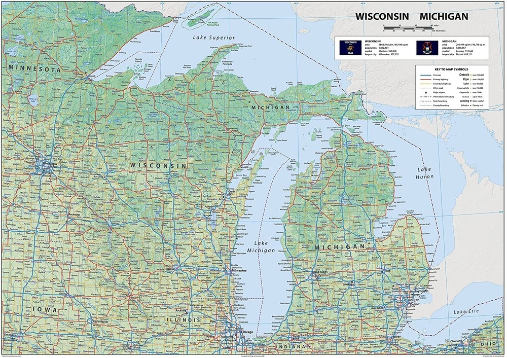 Wisconsin & Michigan State Poster Map – 23.3 x 16.5 inches – Paper Laminated
