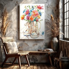 Wall Art Floral Sneakers Print Watercolor Wildflower Bouquet Canvas Home Decor