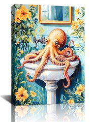 Framed Octopus Bathroom Wall Art,Octopus washing hands watercolor Canvas Pict…
